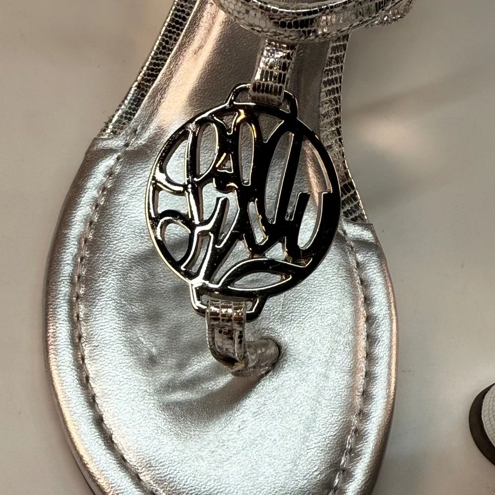 Lilly Pulitzer Silver Metallic Wedge Sandals Logo Medallion Womens Size 6